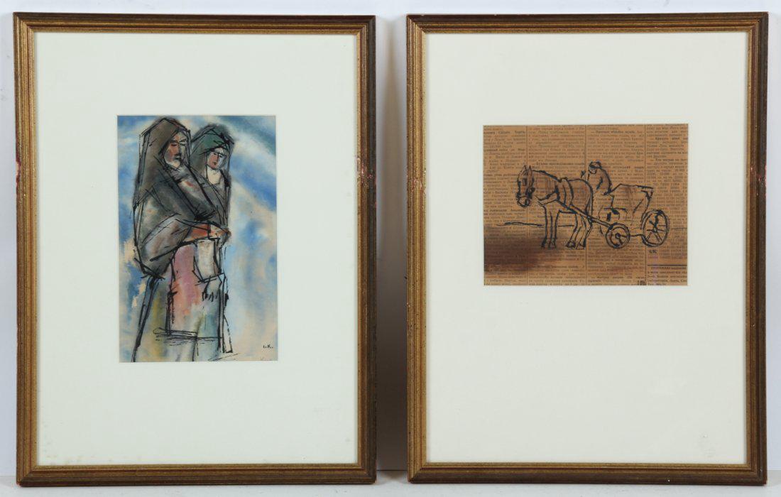 Ivan Kurach Ukrainian ( 1909-1968) Pair Drawings: Ivan Kurach (Ukrainian , 1909-1968) Two Drawings, One mixed media on Japan paper and including one drawing on a Ukrainian newspaper. Size: 15" x 19.75", ( 38 x 50 cm framed ). Provenance ; PSD Fine Ar