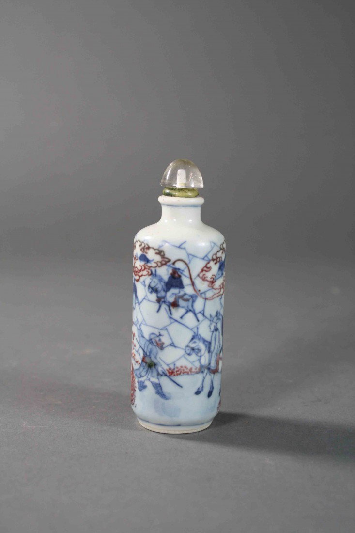 Chinese Qing painted B/W copper-red snuff bolttle 19: Chinese Qing painted B/W copper-red snuff bolttle 19th Century Describing the monkey king store with figures and horses, very good condition, 3.75" high 1.75" wide