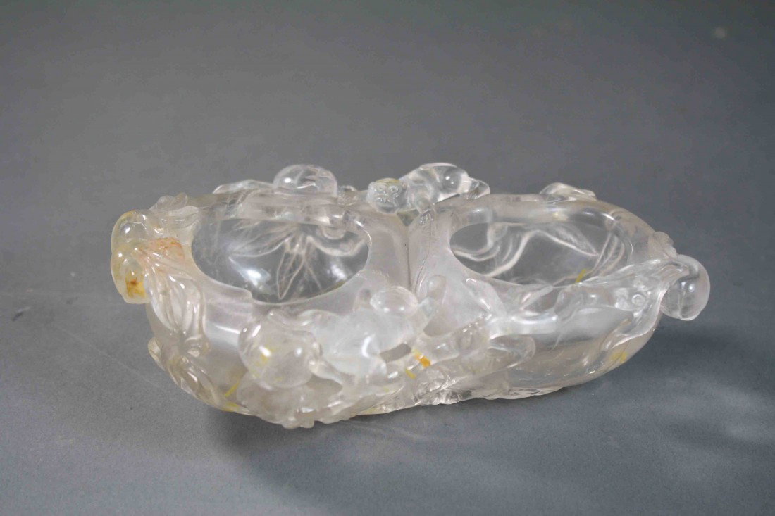 Detail carved white crystal gourd shaped brush wash: Detail carved white crystal gourd shaped brush washer 19th Century Very good condition 2.1" high 6.25" wide