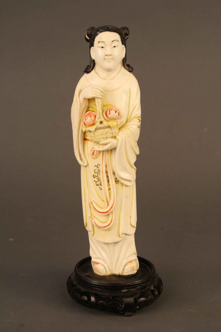 Chinese carved polychrome ivory beauty holding flo: Chinese carved polychrome ivory beauty holding flower basket Very good condition 10" high