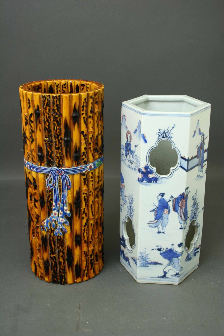 Group of Two Chinese Porcelain Hat Vases, One Bamb: Group of Two Chinese Porcelain Hat Vases, One Bamboo Shape, another Hexanal w/ Underglazed Blue Painting of Figures very good condition 12" high 5" diameter (both)
