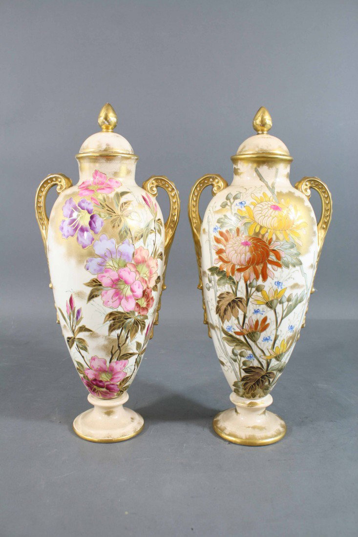 Pair Signed "Royal Bonn" H/P Porcelain 2 Handle Ur: Pair Signed "Royal Bonn" H/P Porcelain 2 Handle Urns w/ Lids + Allover Gilt + Floral Design Work excellent condition 15.5" high