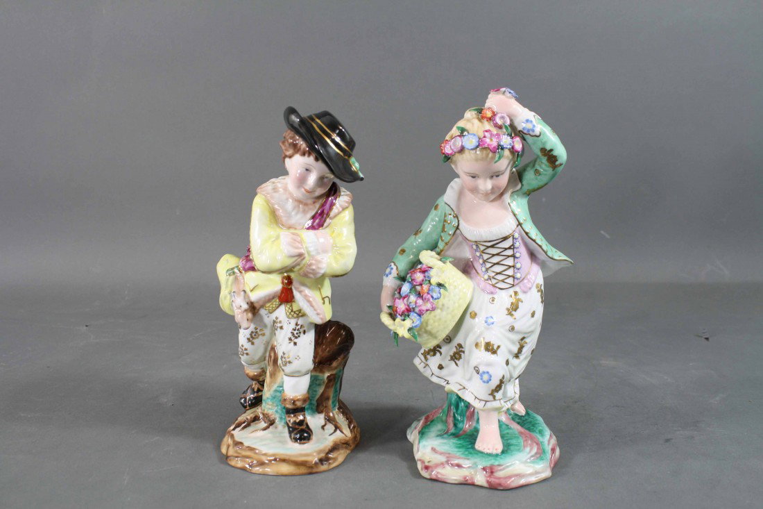 Pair Signed "Gardener" Russian Decorated Porcelain: Pair Signed "Gardener" Russian Decorated Porcelain Maiden + Gentleman Figurenes Rabbits + Floral Basket excellent condition 9.5" high