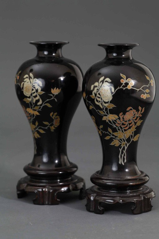 Pair of Chinese Qing Lacquer Vases: Pair of Chinese Qing lacquer vases, Fu Zhon lacquer ware of the southern part of China, silver outline, base with trademark "Shen Shao An" Condition: Available Upon Request Dimensions: 7"H