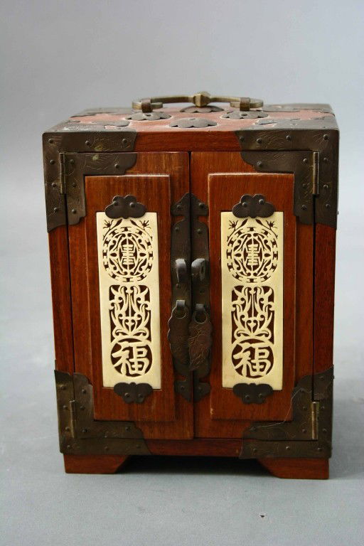 Asian Jewelry Box with Inset Ivory Carved Panels: Asian 2 Door / 3 drawer jewelry box with inset ivory carved panels and all over bronze trim (International buyers should note that some countries do not allow the importation of lots containing materi