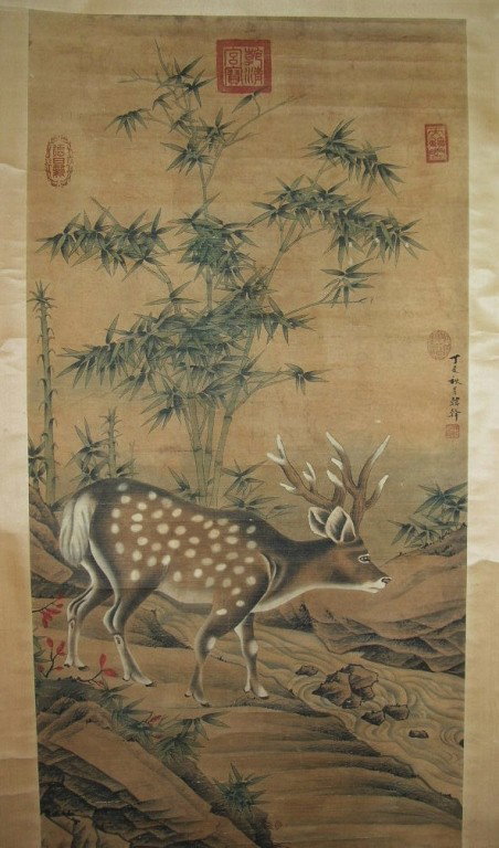 Chinese Deer and Brook Scroll Painting: Deer and brook, Chinese scroll painting, watercolor on paper, after Tang Dynasty artist Han Gan (706-783) Dimension: 25" x 50" (image), 30 ½" x 80" (overall)
