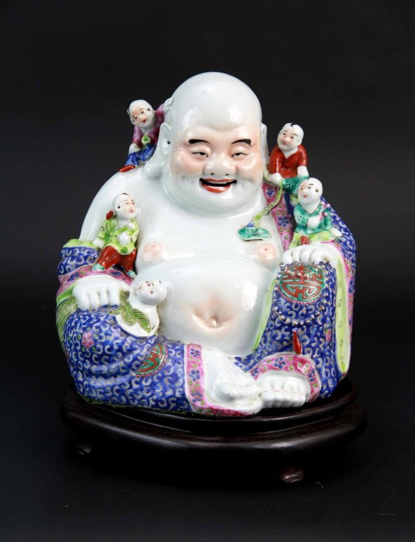 Famille Rose Happy Buddha Seating Around Five Boys: Famille rose happy Buddha seating around five boys with wood base Dimension: 9 1/2"H x 9 1/4"W