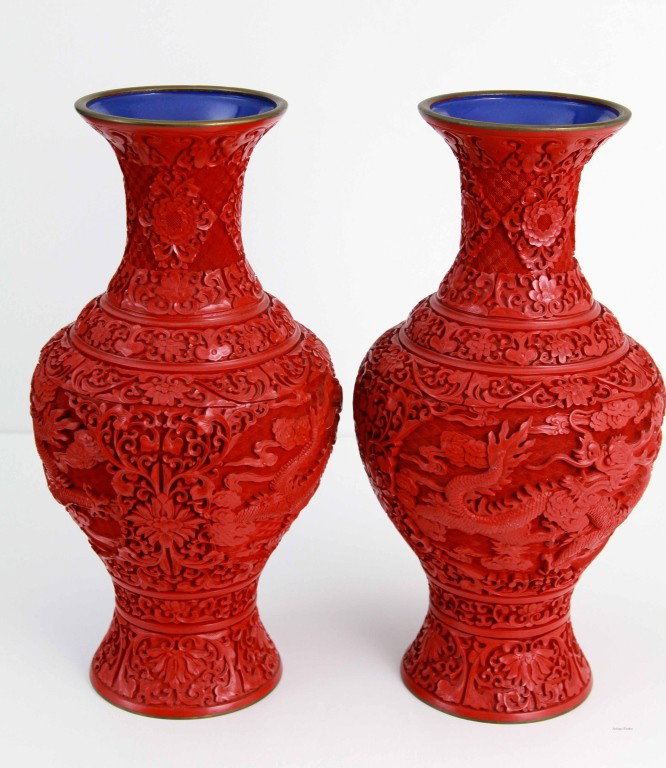 Pair of Red Cinnabar Lacquer Vase: Pair of red cinnabar lacquer vase finely carved dragons with clouds Dimension: 15"H