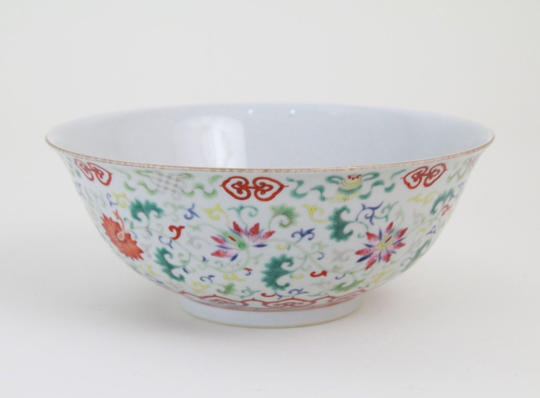 Chinese Famille Rose Bowl, QianLong Mark: Chinese famille rose bowl with QianLong mark, the inside decorated with five bats design Dimension: 3 1/4"H x 7 3/4"Diam