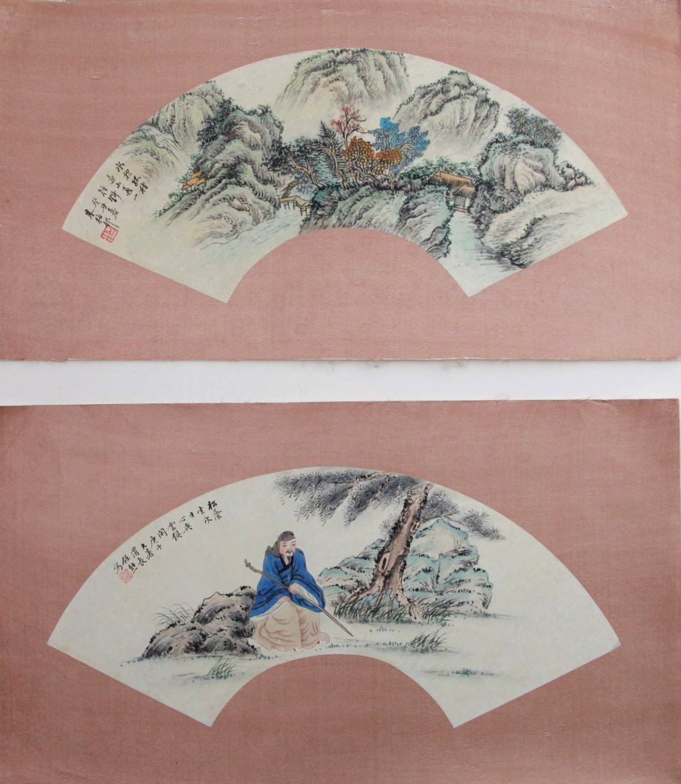 2 Chinese Fan Paintings by Zhu, Mei and Ren Xiaong: Two Chinese fan paintings: One painting with mountain, trees, rivers by Zhu, Mei, the other fan painting with old man sitting near a tree by Ren, Xiong Dimension: 25 3/4"L x 14 1/4"W
