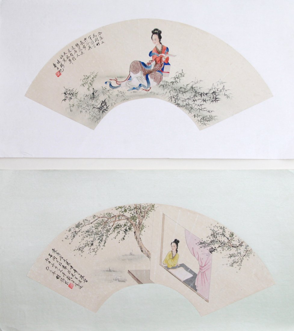 2 Chinese Fan Paintings by Fei, DanXu & Xu, X: Two Chinese fan paintings: one showing a woman with a book on the ground by Fei, DanXu the other fan painting with a woman looking out the window by Xu, Xi Dimension: 25 3/4"L x 14 1/4"W
