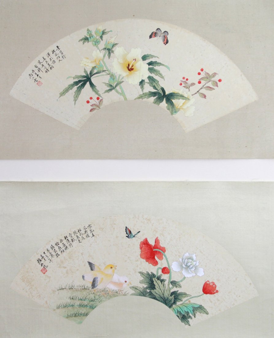 Two Chinese Fan Paintings of Flowers & Butterfly: Two Chinese fan paintings, one with flowers and butterflies by Shang,XiaoYun, the other fan painting with chicken, flowers and butterfly by Yan, Long. Dimension: 25 3/4"L x 14 1/4"W