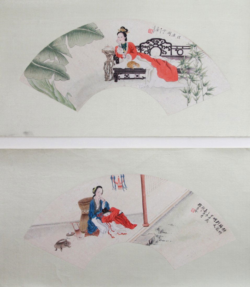 Chinese Fan Painting With Two women sit together: Two Chinese fan paintings, one with two women sitting together by Xu, Ju, the other of a woman and a cat by Wu, GuangYu. Dimension: 25 3/4"L x 14 1/4"W