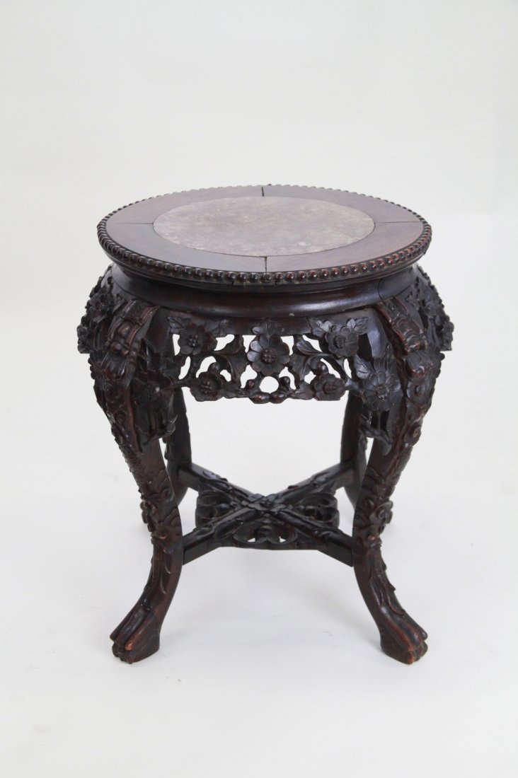 Chinese Hardwood Carved Stool w/ Marble Top: Chinese Hardwood carved seating stool with marble top Dimension: 19"H x 18"Diam