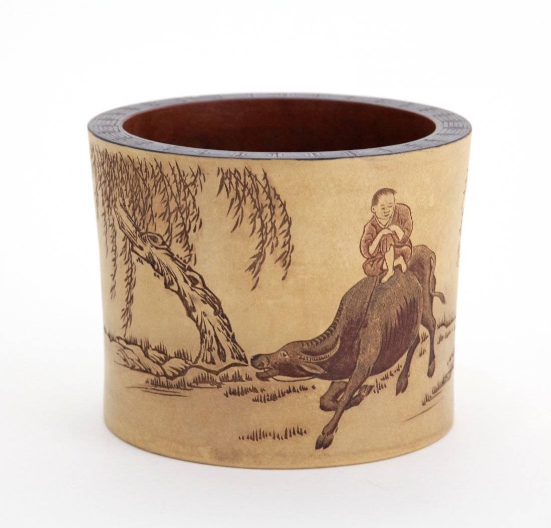 Chinese Yi Xing Brush Pot Incised w/ Boy on Ox: Chinese Yi Xing Glazed brush pot incised with boy on Ox Dimension: 5"H x 6 1/2" Diam.