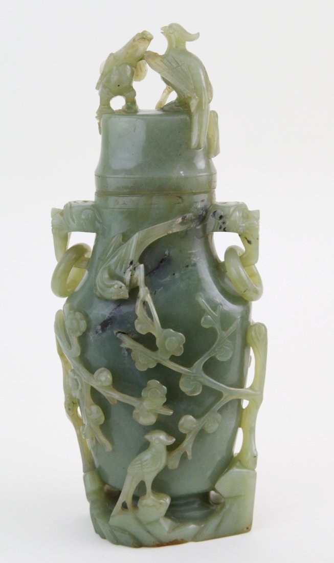 Chinese Large Jade Vase Carved Birds and Flowers: Chinese large jade vase carved with birds and flowers in open work Dimension: 14 1/4"H x 6"L x 4"W