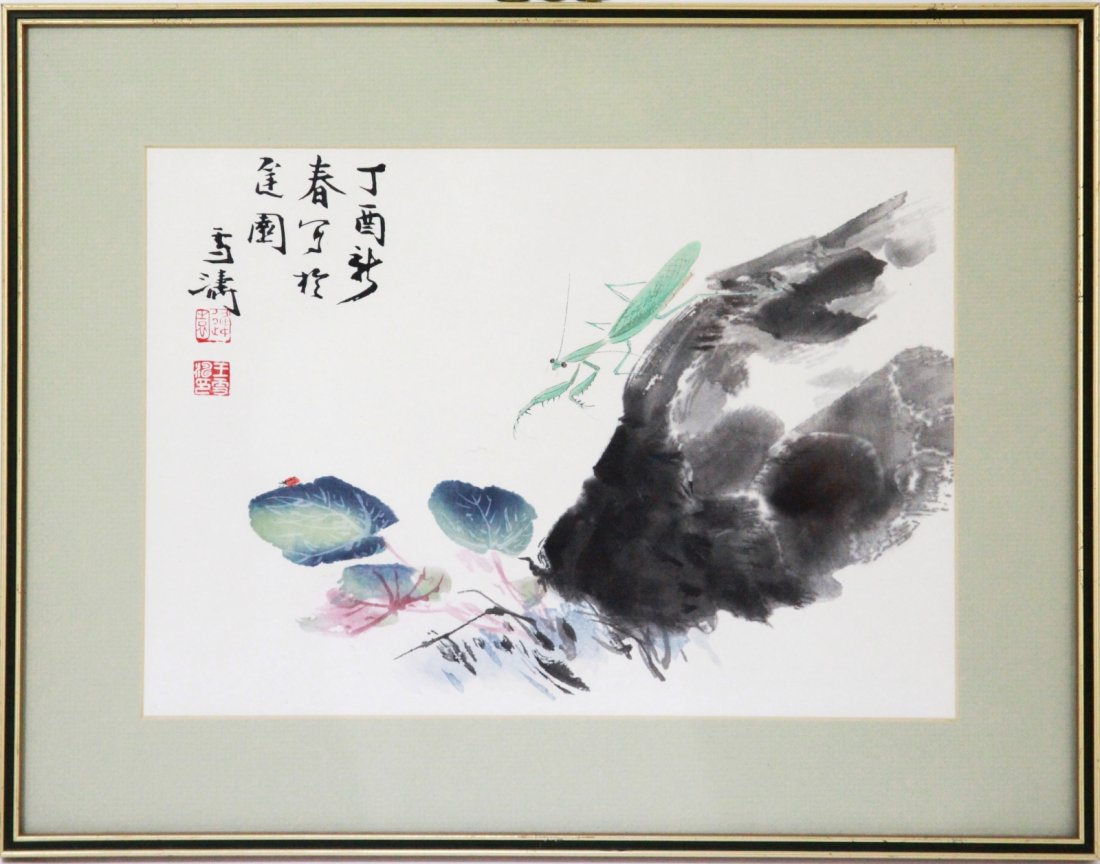 Chinese Water Color By Wang XueTao: Chinese Water Color By Wang XueTao depicting grasshopper on Lotus, Signed and Sealed. artwork in a glass frame. Dimension: 18" x 14"