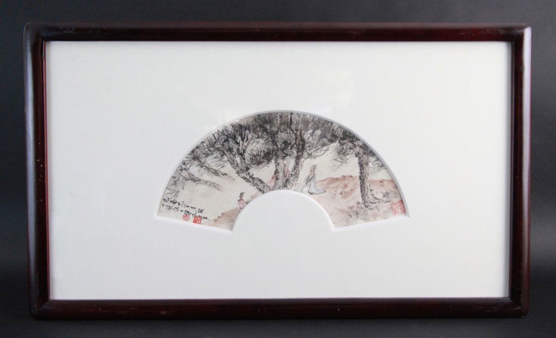Chinese Ink and Color Fan Painting: Chinese Ink and Color Fan painting with wood frame, signed Fu Baoshi Dimension: 33 1/2"L x 19 1/4"W (with frame) 17 1/2"L x 8 1/2"W (without frame)
