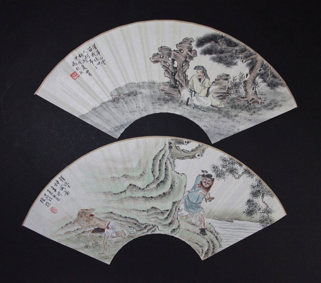 Two Chinese Fan Painting by "Xu Chao": Two Chinese fan painting by "Xu Chao" and "Feng Chao Ran" Dimension: 22"L x 10"H