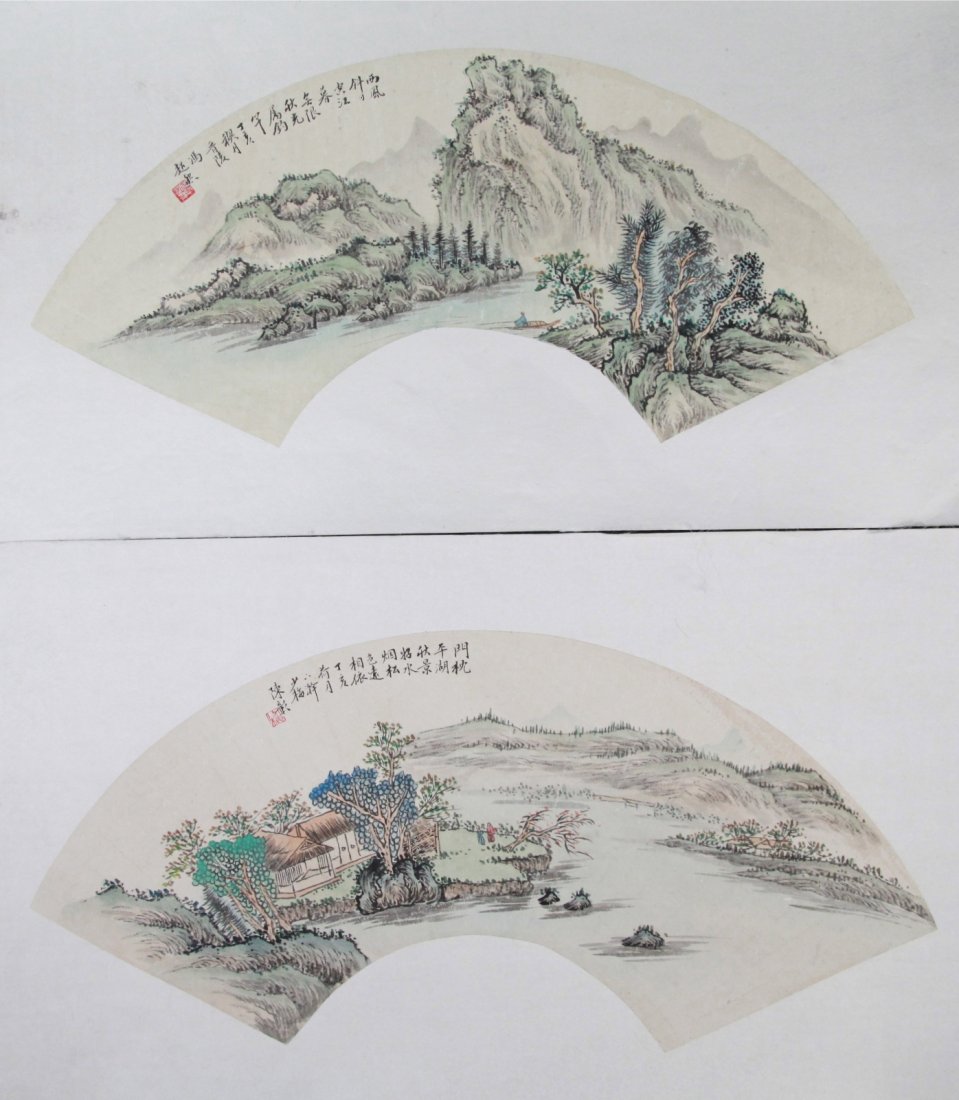 2 Pcs of Chinese Fan Paintings of Mountain Scenery: 2 pieces of Chinese fan paintings of mountain scenery Dimension: 21" x 9 1/2", 21 1/2" x 10"