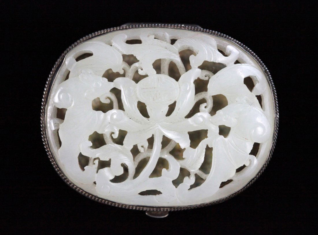 19th C. Chinese Silver Oval Box Inlaid Jade Plaque: 19th C. Chinese silver oval box , top inlaid white jade plaque carved with bats design Dimension: 2 1/4"L x 2"W