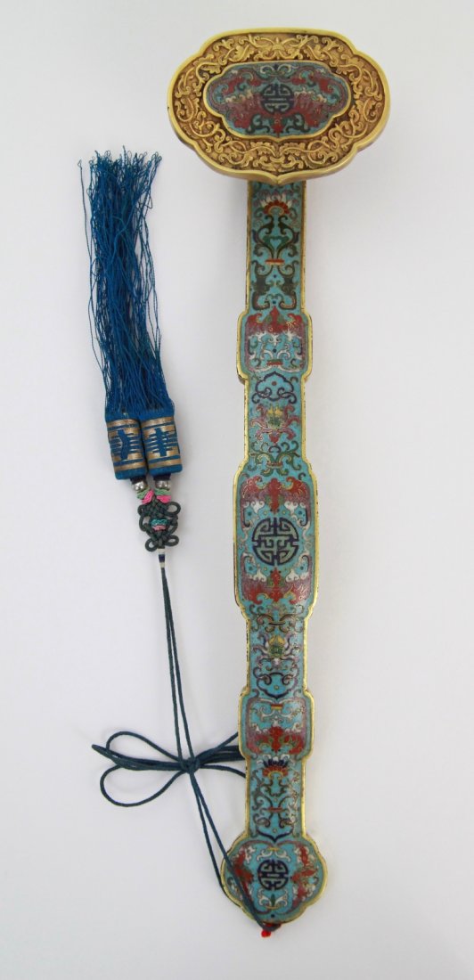Chinese Gilt Bronze Ruyi Cloisonne Scepter: Chinese gilt bronze ruyi cloisonne scepter, decorated with bats and "shou" character, four character Qian Long mark engraved on reverse side Dimension: 16 1/2"L