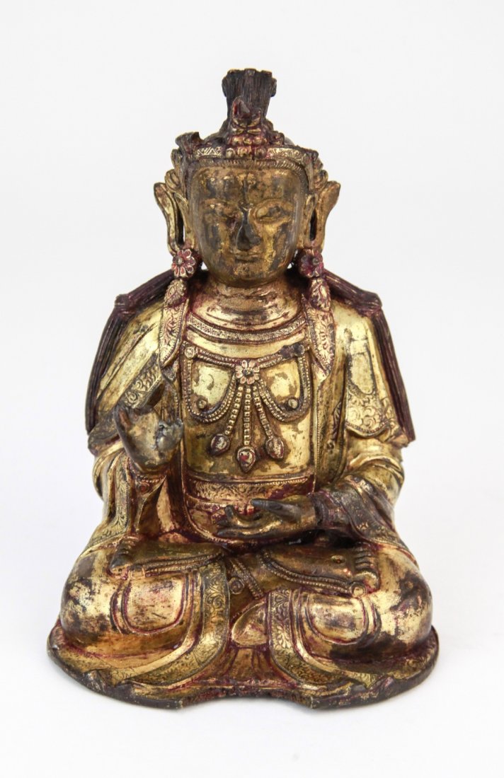 18th C. Tibetan Gilt Bronze Seating Buddha: 18th Century Tibetan Gilt Bronze Seating Buddha Dimension: 5 1/2"H x 3 3/4"W
