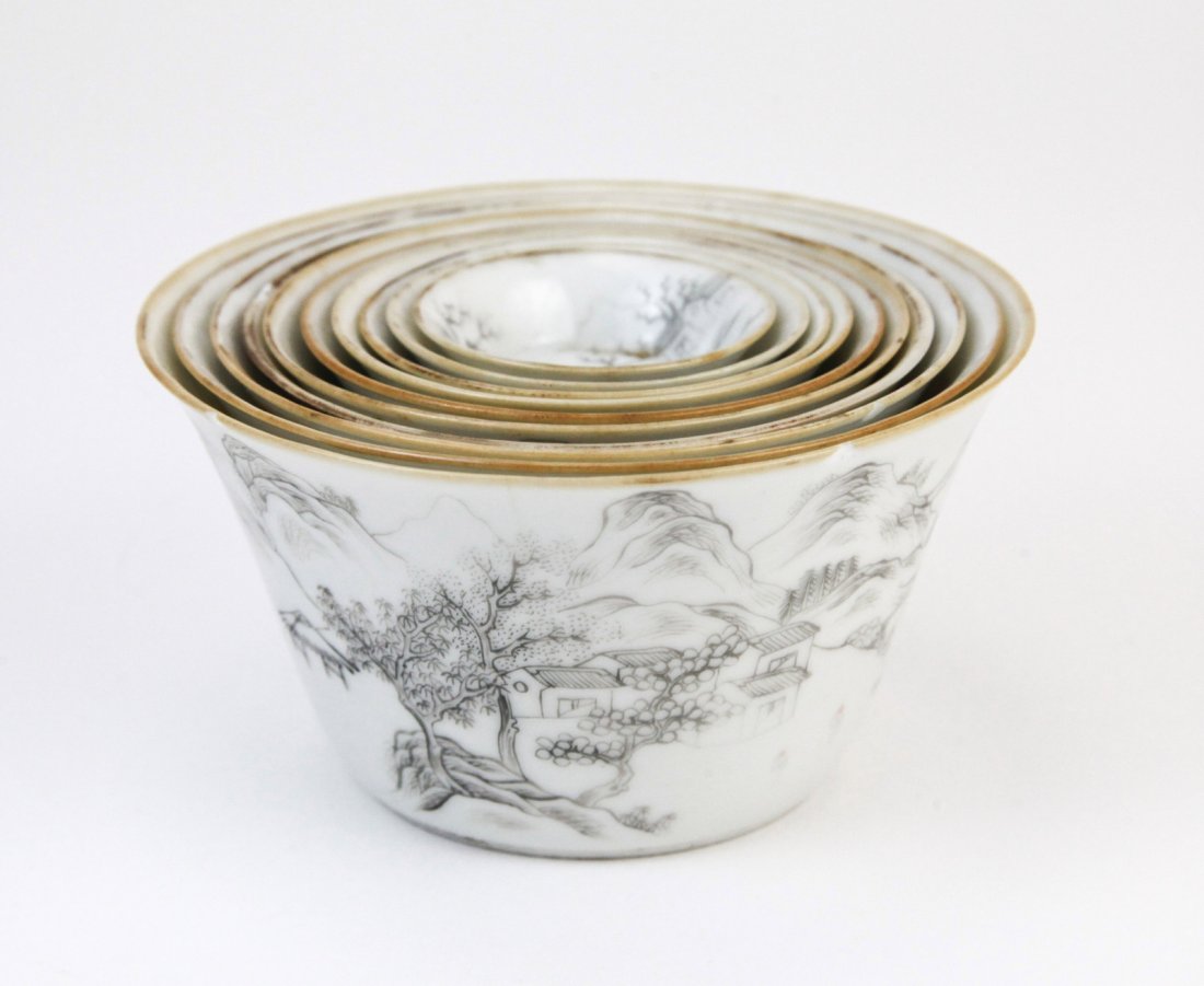 1900's 10 Pcs of Grisaille Glaze Nesting Cups: 1900's 10 Pcs of Chinese grisaille glaze nesting cups Dimension: 1 7/8"Dian x 5/8"H (smallest), 4 3/8"Diam x 2 3/8"H
