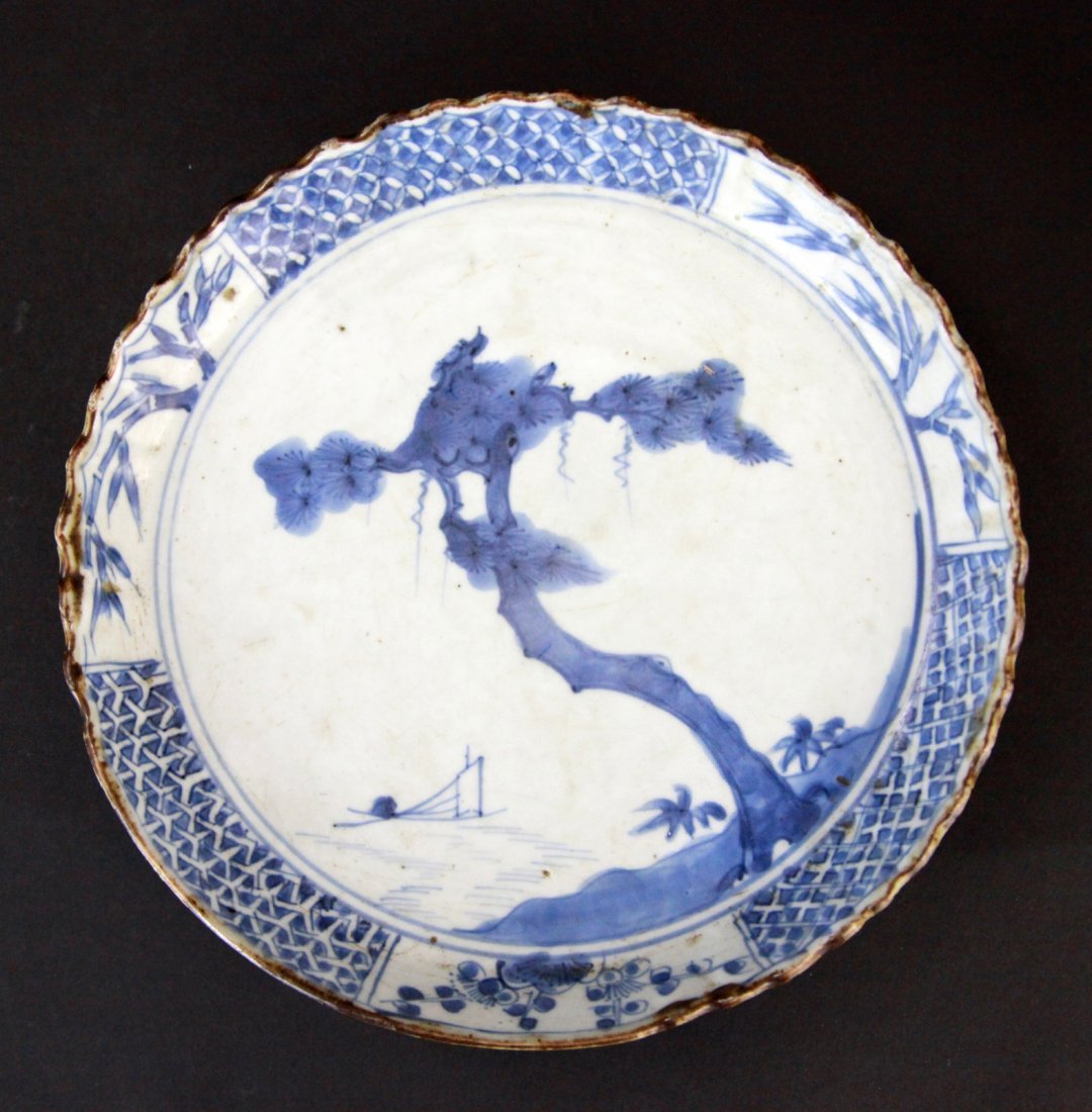18th C. Blue and White Dish Interior with Pine: 18th C. Chinese blue and white dish interior with pine, bamboo and winter blossom "three friends", foliate rim Dimension: 8"Diam