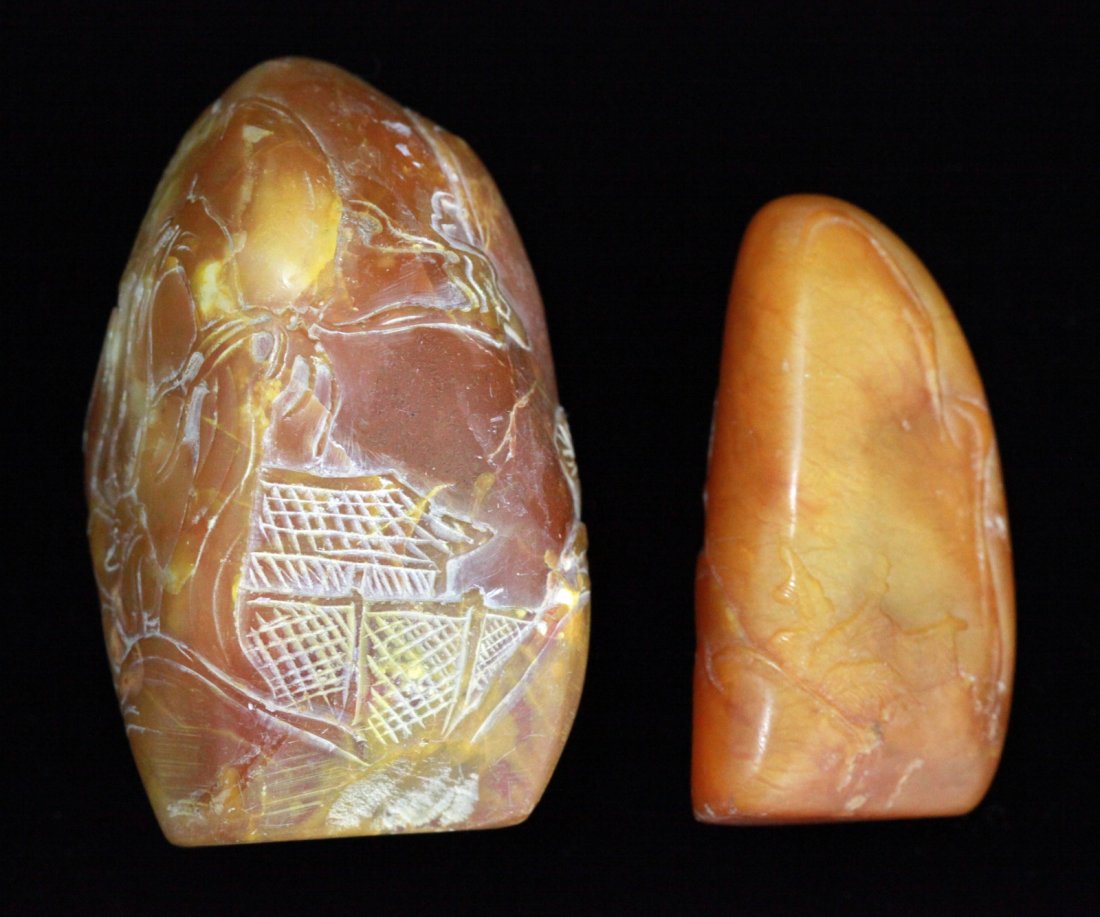 Two Pieces of Chinese Soapstone Seals: Two pieces of Chinese soapstone seals carved in relief with landscape Dimension: 3"H, 2 3/8"H