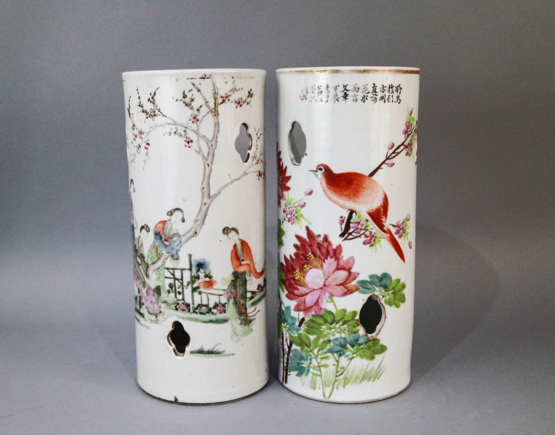Pair of Chinese Porcelain Hat Stands: Pair of Chinese porcelain hat stands decorated with Gi Hed flowers Dimension: 11 1/4"H x 5"W