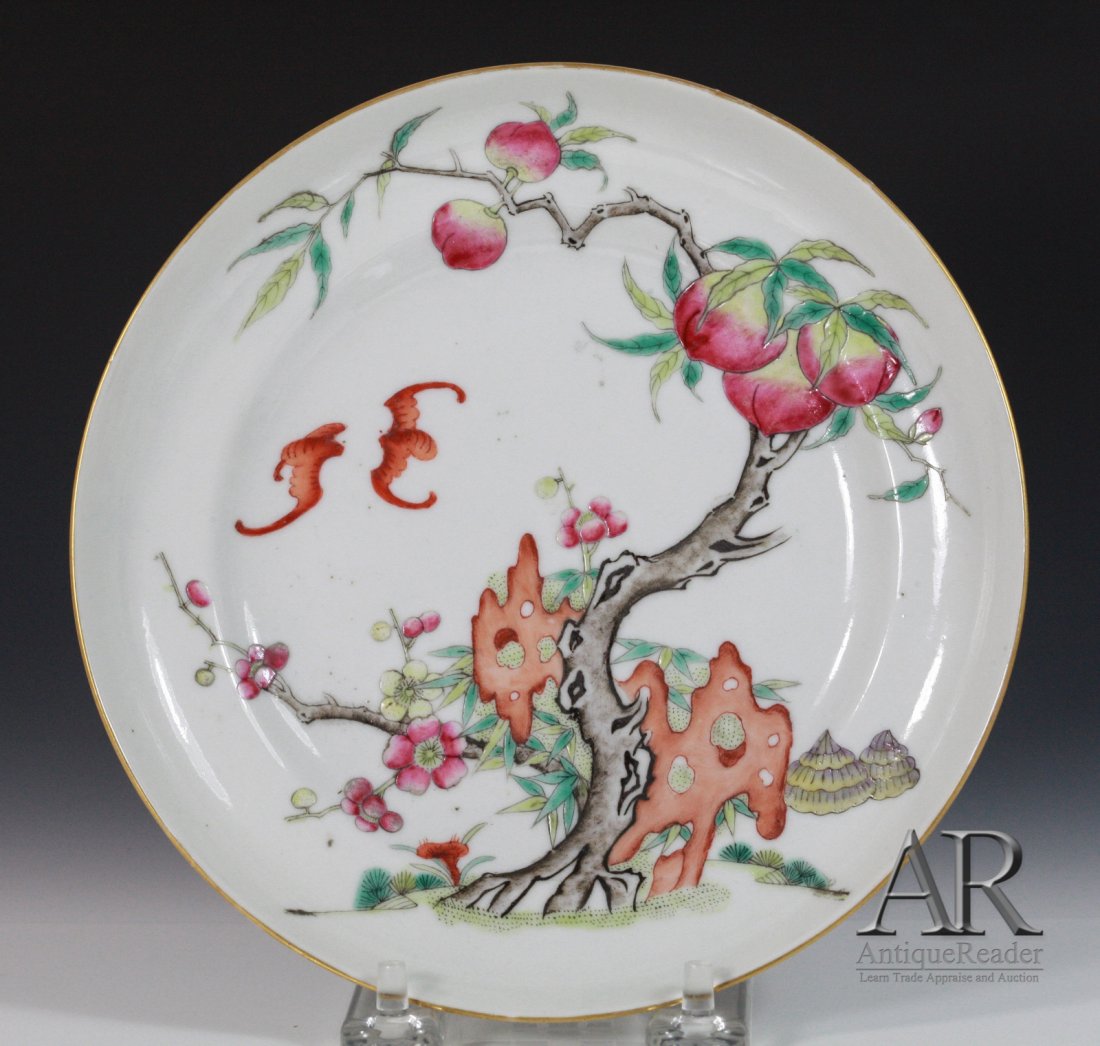 Chinese Famille Rose Dish Painted Peaches: Chinese famille rose dish painted peaches and bats Dimension: 7 1/8"Diam