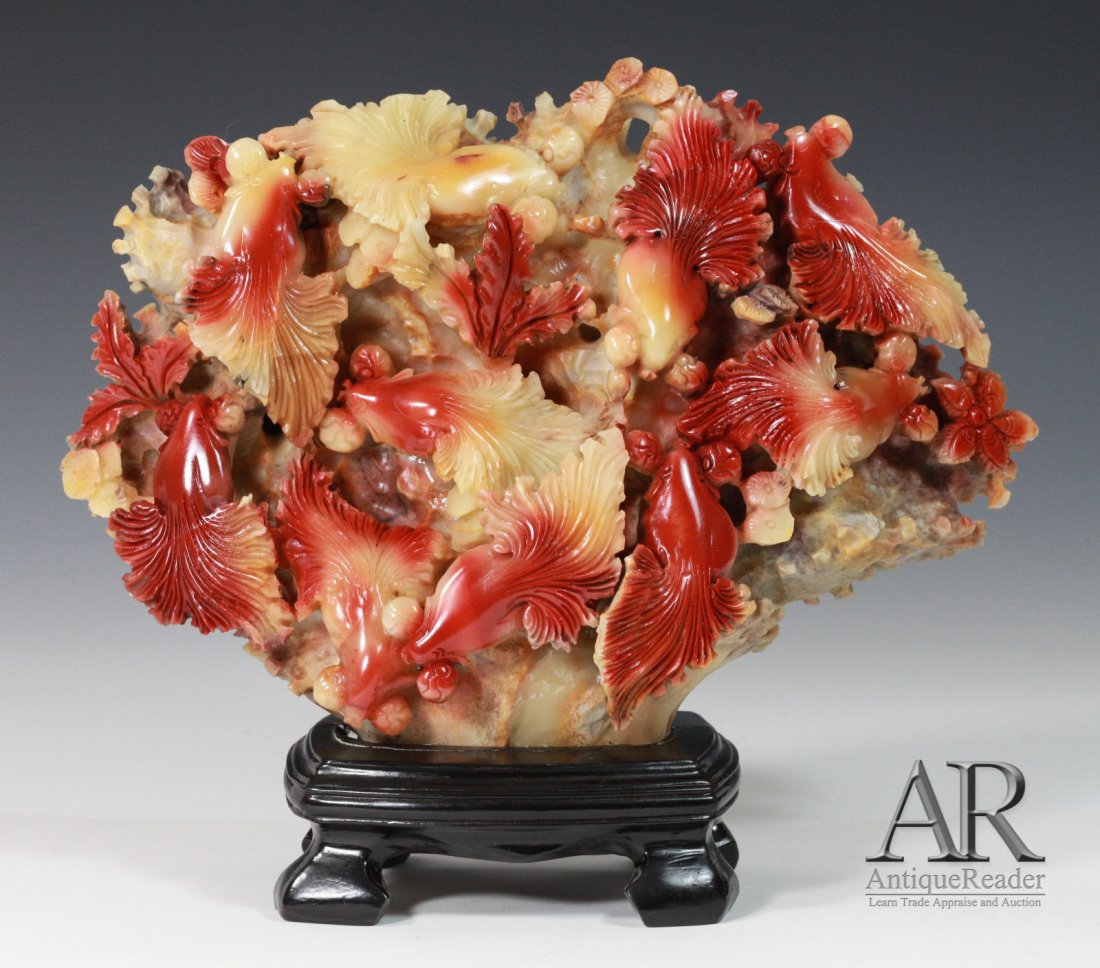 Chinese Soapstone Carved Goldfish with Base: Chinese Soapstone Carved Goldfish with Base Dimension: 7 3/4"H x 10 1/2"W (with stand)
