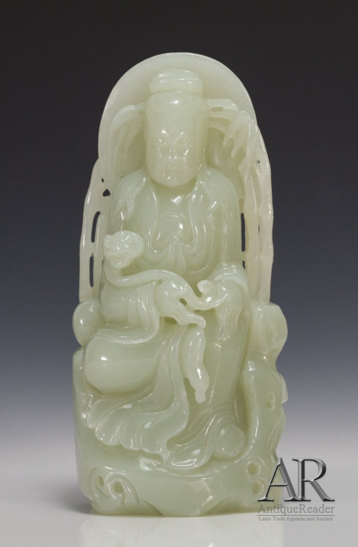 Chinese Celadon Jade Seating Guan Yin: Chinese celadon jade Seating Guan Yin Holding RuYi Dimension: 5"H x 2 1/2"W