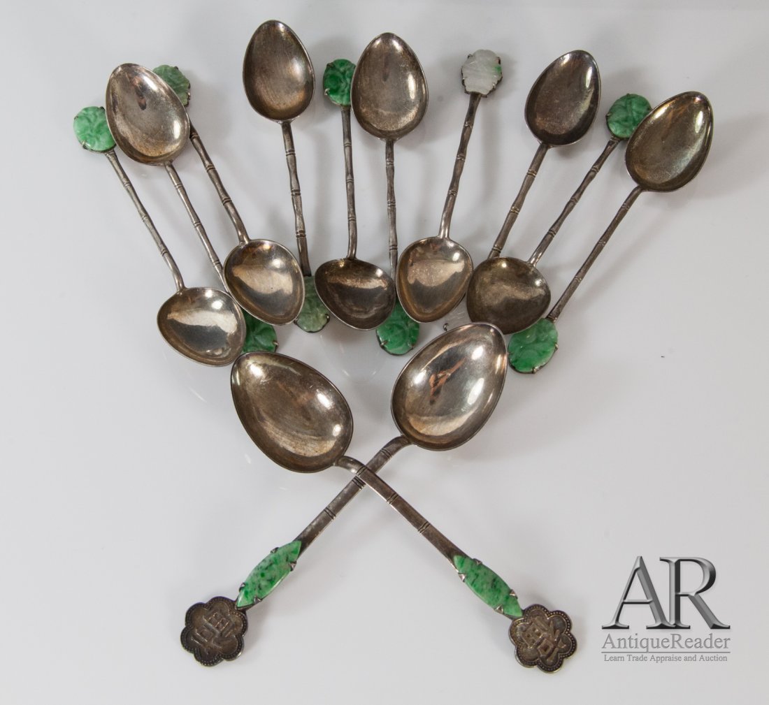 12 Pcs Chinese Jadeite Mounded Silver Spoons: 12 pcs Chinese silver spoons each mounded jadeite, mark on back Dimension: spoon No.1: 4 3/4"L and spoon No.2: 4 1/8"L