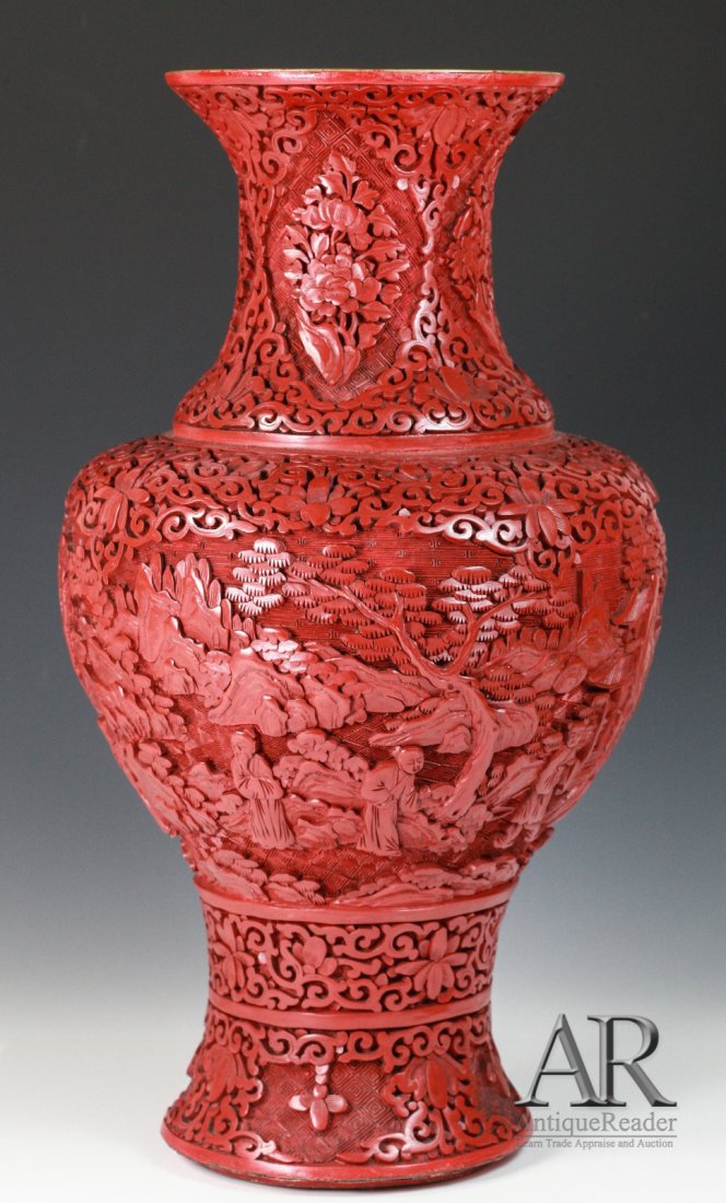 19th C. Chinese Cinnabar Lacquer Vase: 19th C. Chinese Cinnabar Lacquer Vase Finely Carved Scholars and attendants in Garden Dimension: 14 1/4"H x 7 3/4"Diam