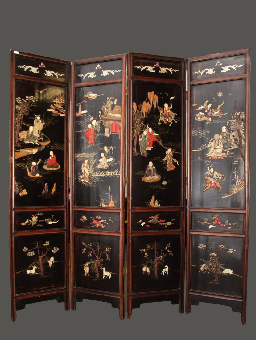 19th Century Chinese Rosewood Panels: 19th Century Chinese Rosewood Panels One Side Inlaid Bone, Soapstone, Mother Pearl Monks Dimension: 79" H * 18 1/4" W (one panel)