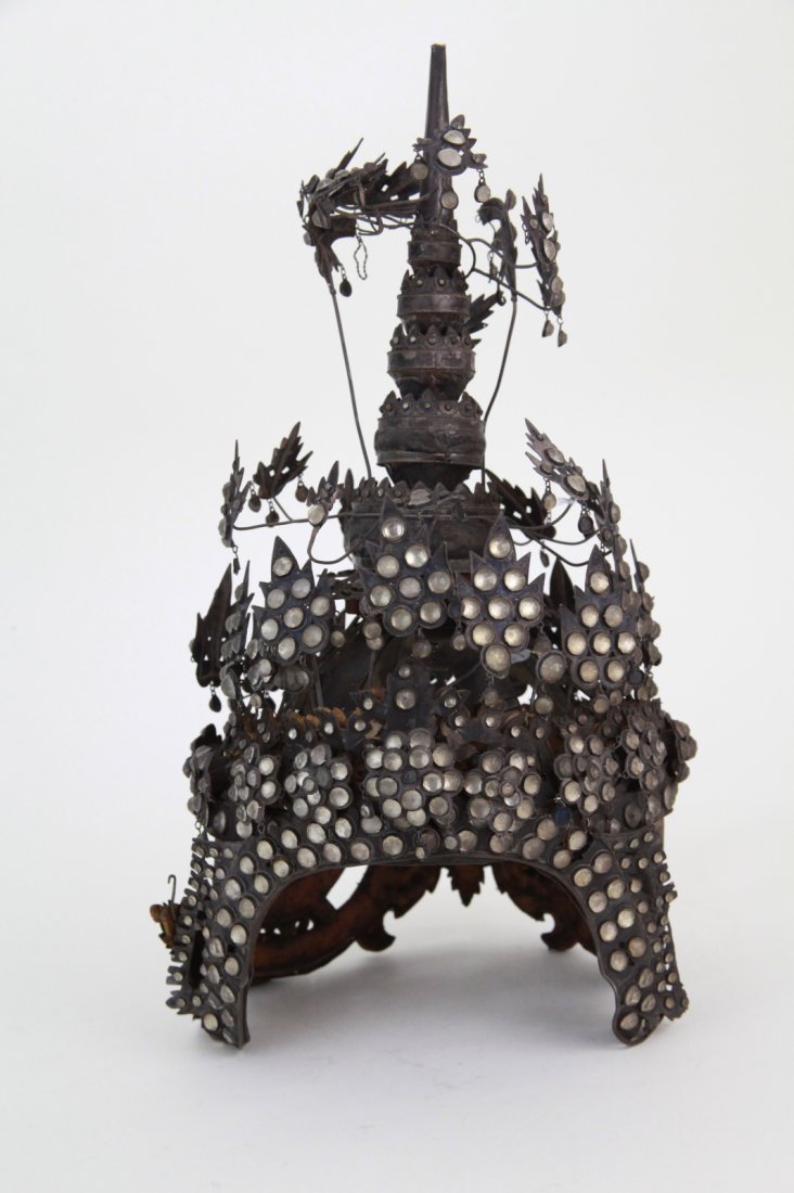 19th C. Thai Ceremonial Head Wear: Thai ceremonial head wear, 19th C. entire piece is made out of 925 silver. Dimension: 15"H x 8"Diam.