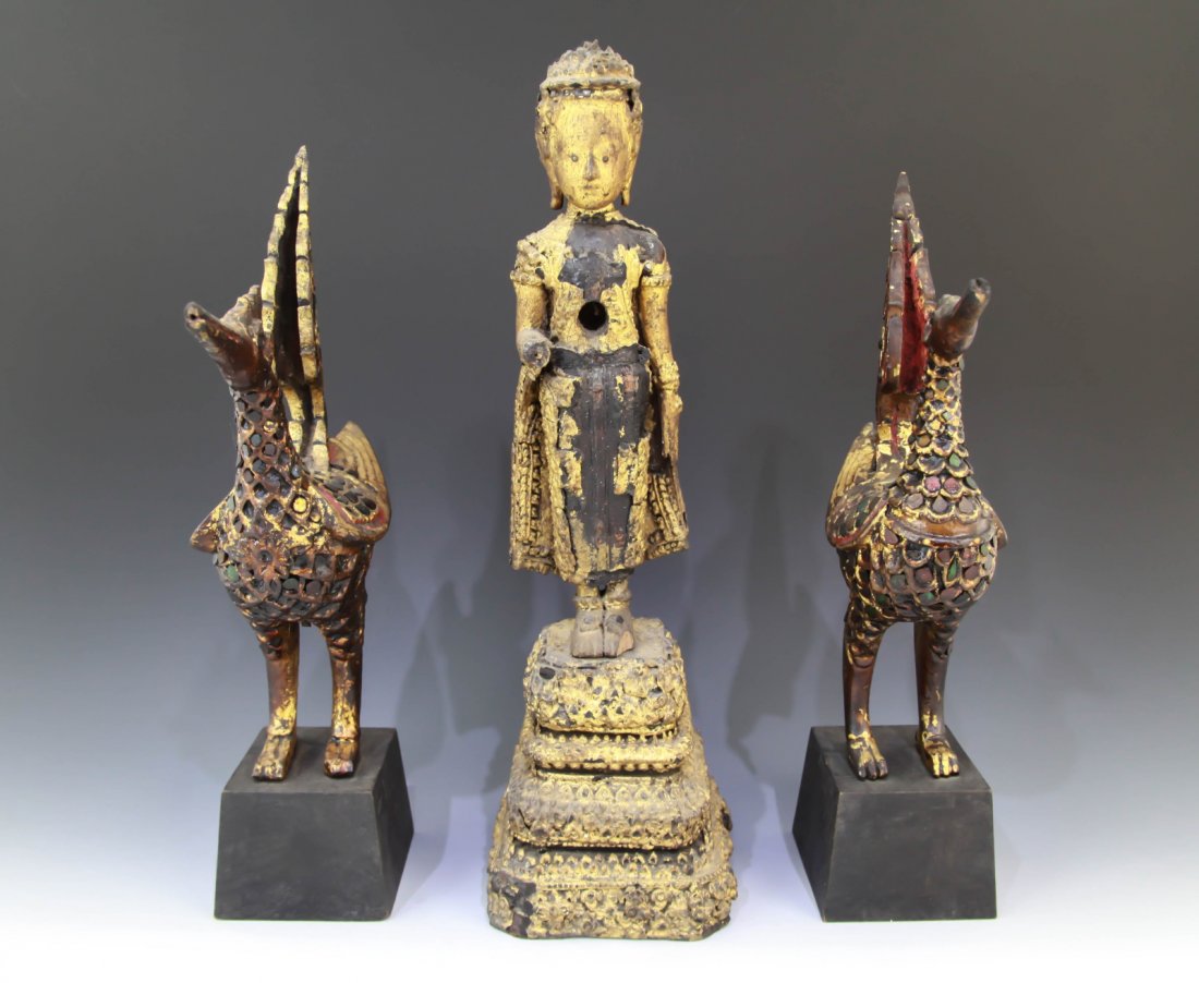 Thai Buddha & a Pair of Phoenix Gilt Wood Carving: Thai Buddha and a Pair of Phoenix Gilt Wood Carving, 18/19th Provenance: Doris Duke Estate Dimension: 14 1/2"H