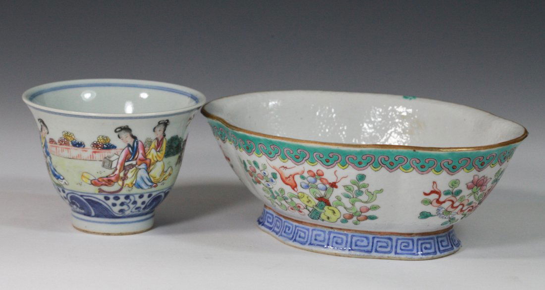 2 Pieces of Famille Rose Bowl and Cup: 2 pieces of famille rose bowl and cup Dimension: (1) 2 5/8"H x 7 1/2"W (2) 2 7/8"H x 4"Diam