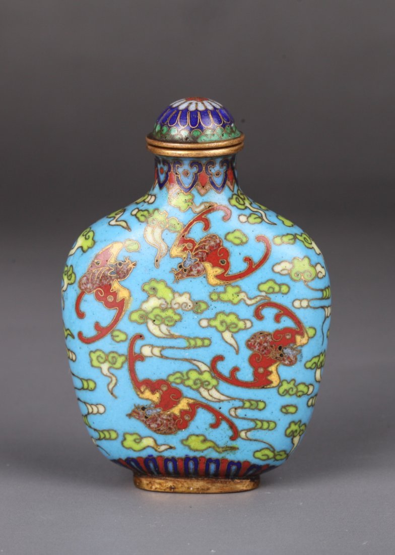 19th Century Bronze Enameled Snuff Bottle: Decorated with 4 red bats in cloud on both side with mark bottle Dimension: 2 1/2"H