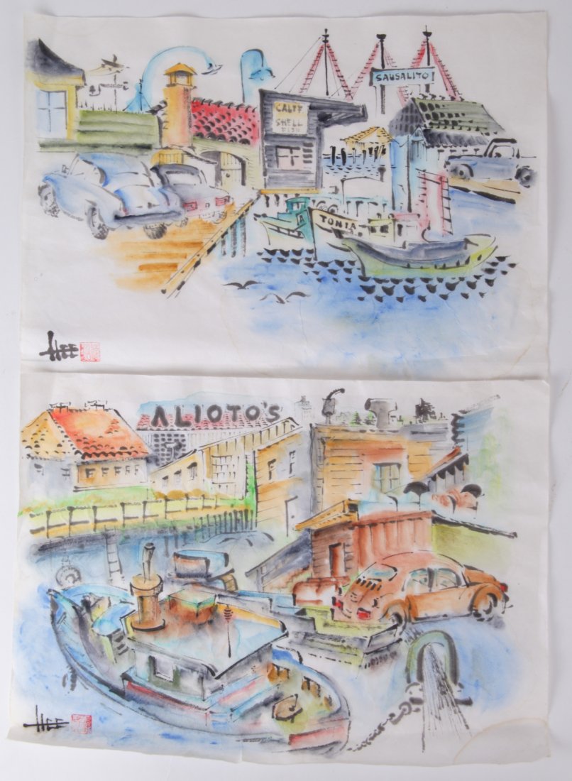Two Chinese Ink /Color Sketches, signed Hon Chew Hee: Two Chinese Ink /Color Sketches of Sausalito Bay in San Francisco, signed Hon Chew Hee. Hon Chew Hee (1906 – 1993) was an American muralist, watercolorist and printmaker who was born in Kahului, on
