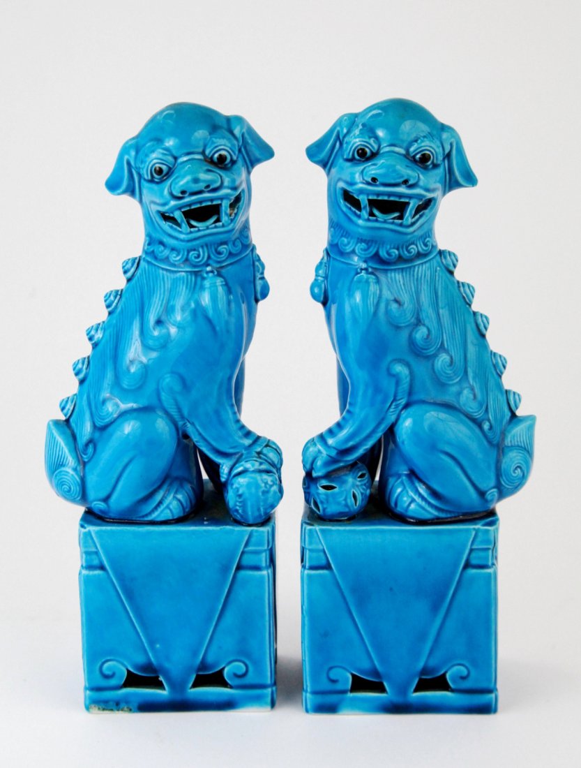 Pair of Turquoise Glazed Foo Dogs: Pair of turquoise glazed foo dogs Dimension: 10"H