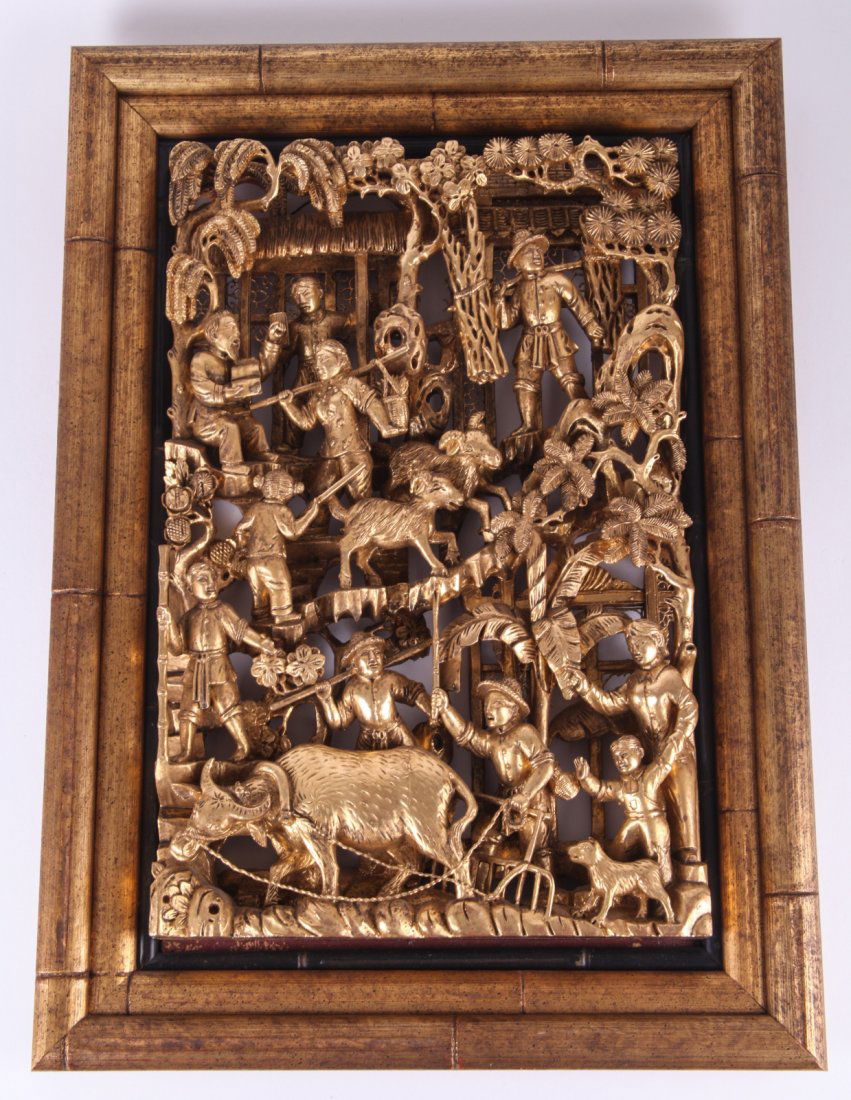 Chinese Gilt Wood Carved Culture Revolution Scene: Chinese gilt wood carved culture revolution scene Dimension: 19 1/8"L x 13 3/4"W