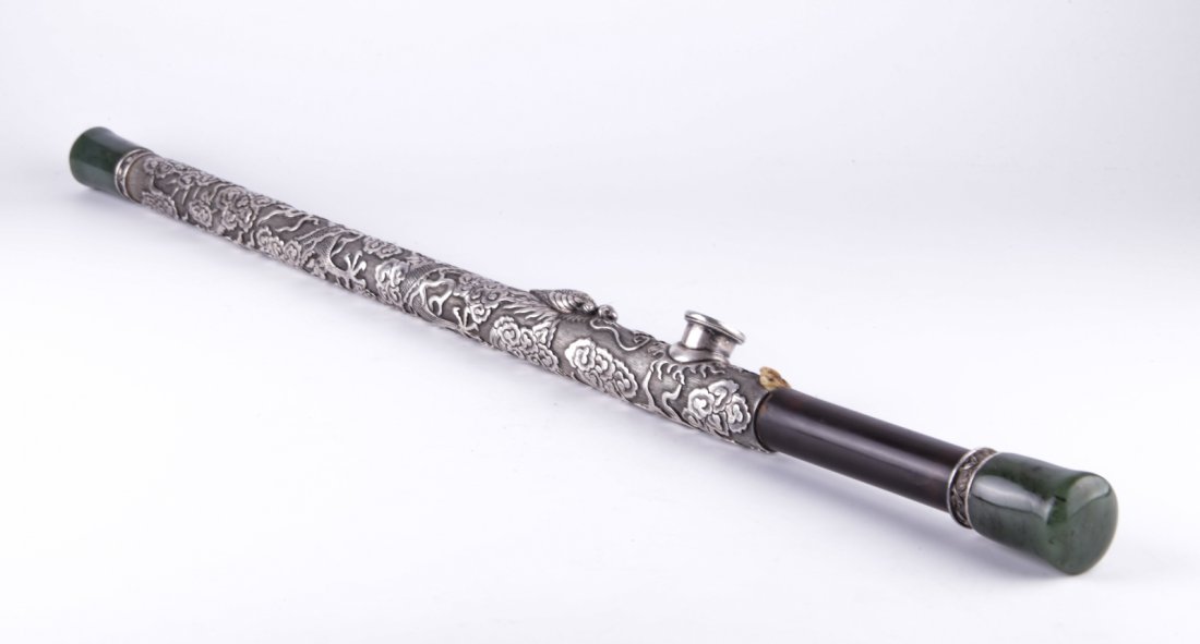 19th C. Chinese Silver 5 Claw Dragon Smoke Pipe: 19th C. Chinese Silver 5 Claw Dragon Smoke Pipe with Spinach Jade End. Mark on the Side Dimension: 23 3/8"L