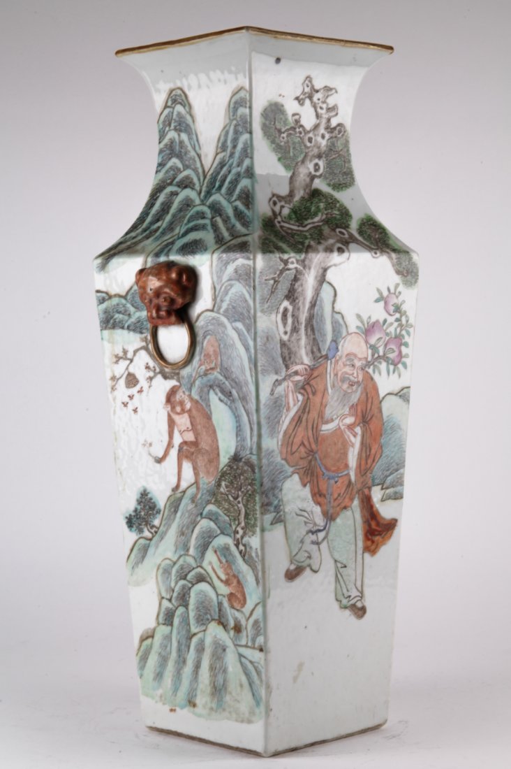 19th C. Chinese Famille Rose Square Vase: 19th C. Chinese Famille Rose Square Vase Dimension: 21 1/2"H