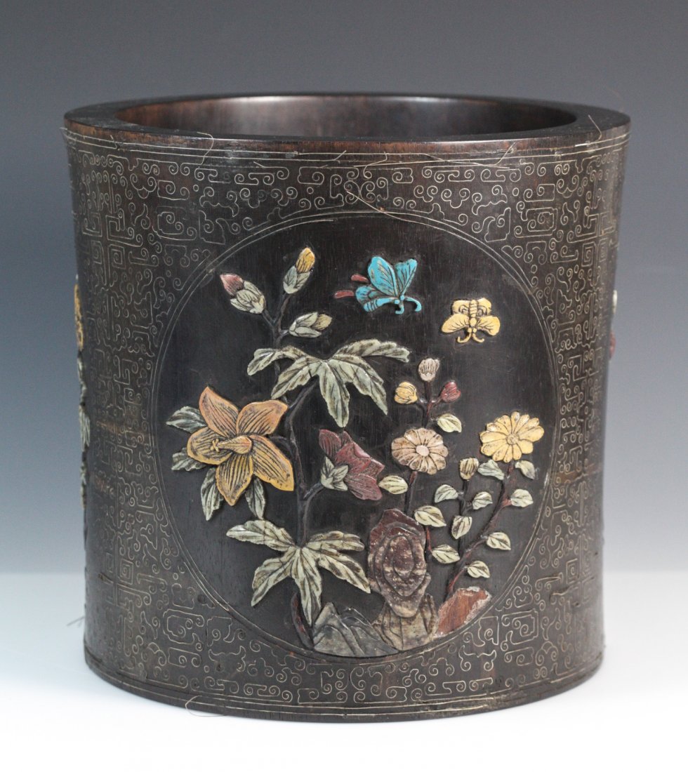 Chinese Rosewood Brush Pot Inlaid Silver Wires: Chinese Rosewood Brush Pot Inlaid Silver Wires and Decorated with Soapstone Flower Dimension: 8 5/8"H x 8 3/4"Diam