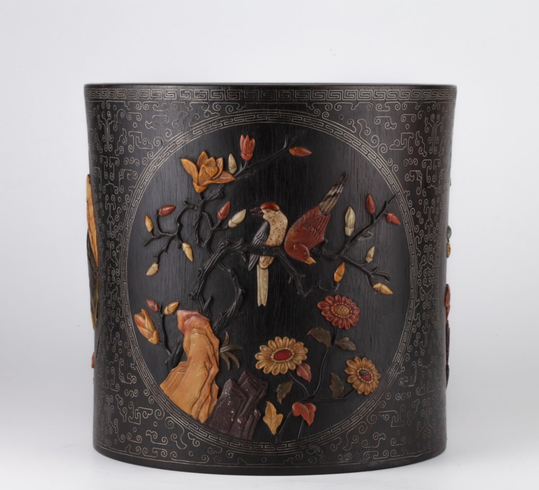 Chinese Rosewood Brush Pot Inlaid Silver Wire: Chinese Rosewood Brush Pot Inlaid Silver Wire and inlaid soapstone bird & Flowers Dimension: 8 1/4"H x 8 3/8"Diam