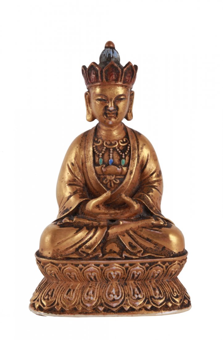 Chinese Gilt Porcelain Seating Buddha: Chinese Gilt Porcelain Seating Buddha Dimension: 4"H x 2 1/2"W