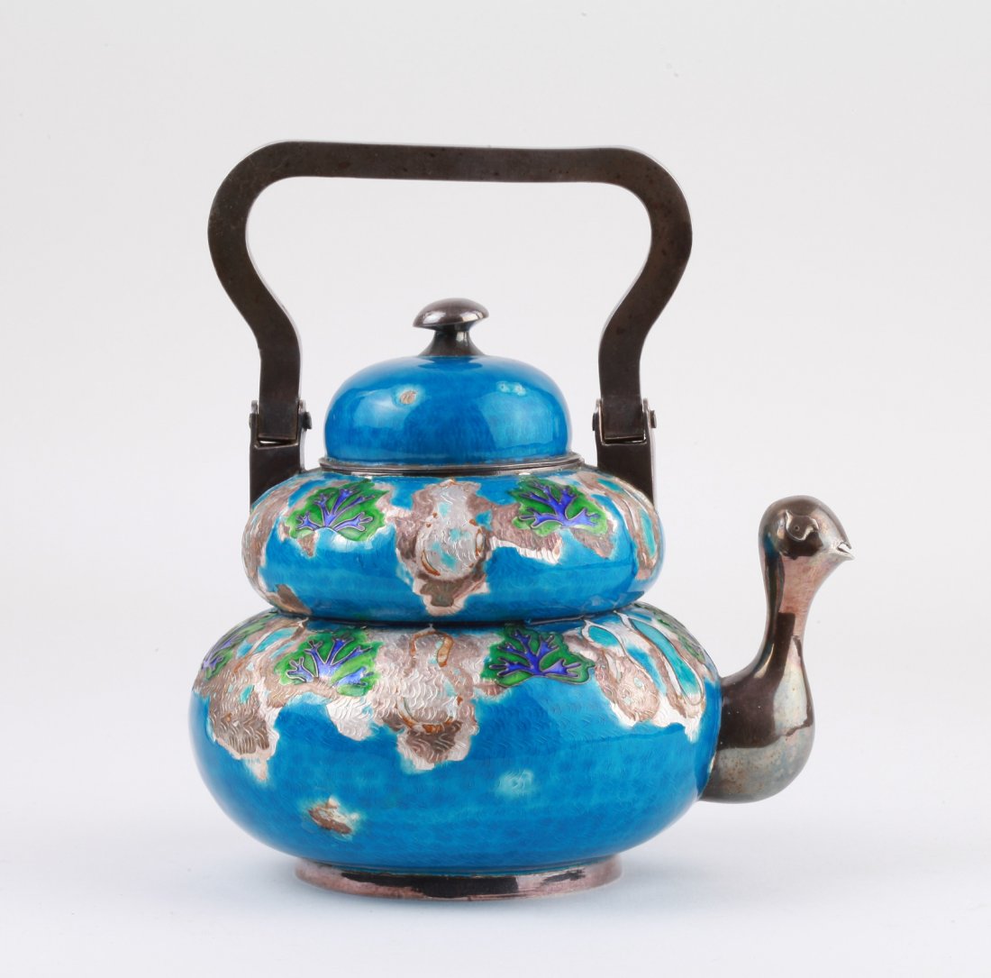 A Sterling Silver Enamel Double Gourd Tea Pot: A Sterling Silver Enamel Double Gourd Tea Pot. Dimension: 6"H x 5 3/4"W